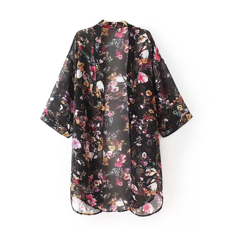 Kimono i sort / blomstret let design - Design nr. k14